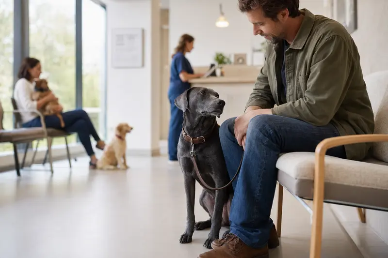 Ein Blue Lacy Hund sitzt ruhig neben seinem Besitzer im hellen Wartezimmer einer modernen Tierarztpraxis.